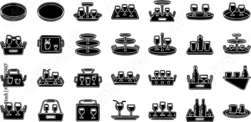 Black and White Glyph Icons of Bar Trays, Drinkware, and Barware for Hospitality Industry