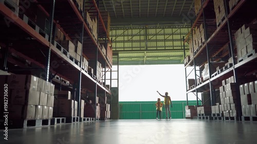 Two warehouse workers reviewing inventory data and discussing operations inside storage facility with mechanical parts and equipment
