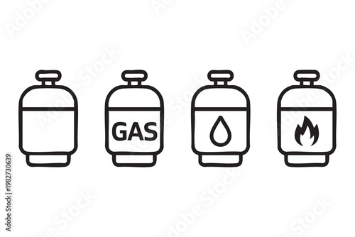 Gas cylinder icon set with propane fuel tanks flame and liquid symbols for energy supply