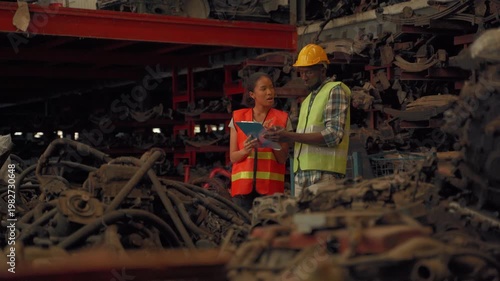 Warehouse workers checking and inspecting boxed goods on storage racks in organized inventory system
