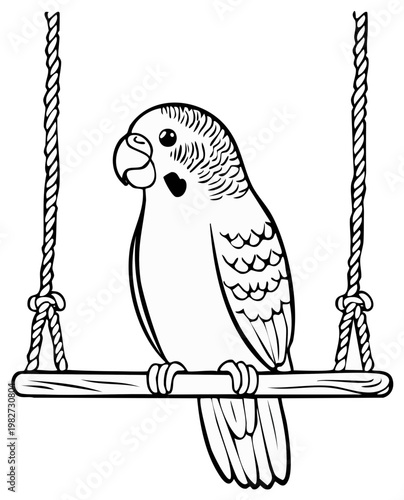 Monochrome vector illustration of a Budgerigar perching on a swing toy for avian pets in line art format