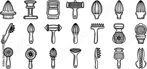 Black and White Line Art of Various Kitchen Gadgets and Utensils