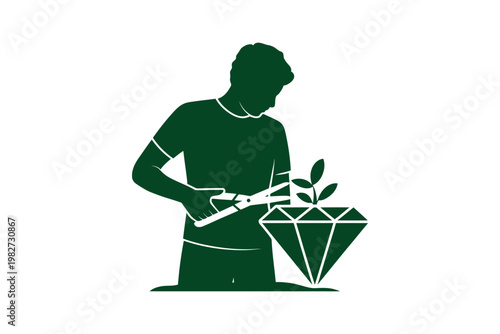 A man in a green silhouette is pruning a plant with scissors.