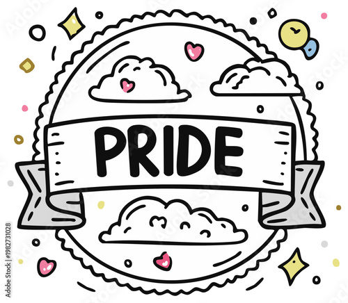 Doodle Style Pride Emblem with Clouds and Hearts - LGBTQ+ Design for Equality and Acceptance