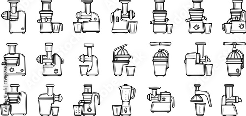 Black and White Line Art Collection of Diverse Juicers and Blenders for Food and Beverage Industry