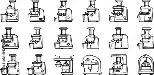 Black and White Line Art Illustration of Various Juicers and Citrus Presses, Food Industry Iconography