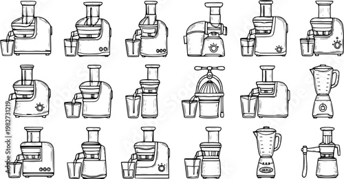 Black and White Line Art Collection of Various Juicers and Blenders for Healthy Eating