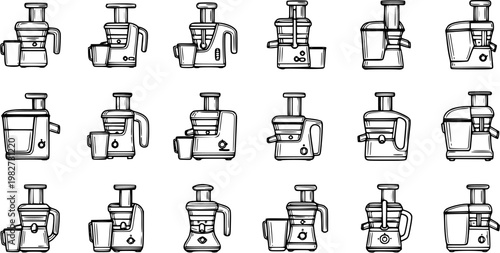 Black and White Line Art of Various Juicer Machines and Cups, Food Industry Iconography