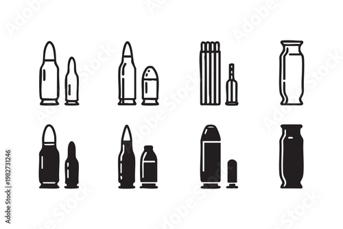 Cartridge and bullet icons collection for shooting weapon and ballistics concepts