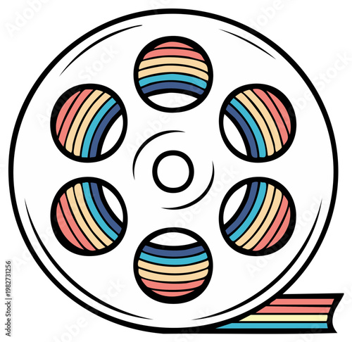 Retro film reel with colorful stripes in circular frames and film strip detail