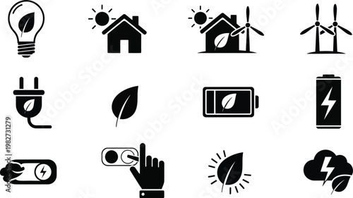 A collection of eco-friendly icons representing sustainable energy and environmentally responsible practices