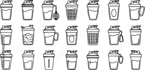 Black and White Line Art Collection of Various Shaker Bottles for Fitness and Nutrition