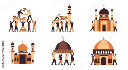 Teamwork building mosque, community construction, Islamic architecture, faith support, collaboration