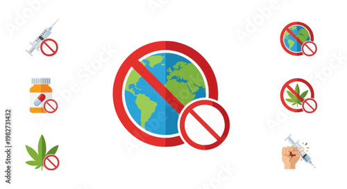 No Drugs World Map Icon Set, Anti-Addiction Symbols, Health Care Concept