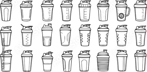 Black and White Line Art Collection of Various Shaker Bottles for Fitness and Health