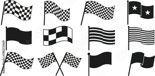 Waving motorsports grand prix vector emblem set with crossed checkerboard