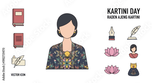 Kartini Day Illustration: Woman in Traditional Indonesian Attire, Books, Quill, Lotus