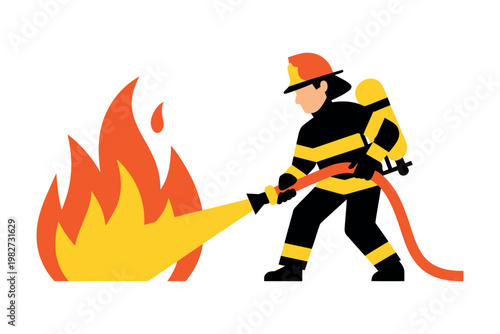 A cartoon firefighter in uniform extinguishing a large fire with a hose.
