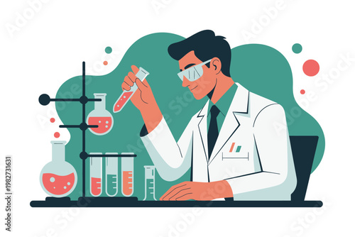 A scientist in a lab coat examining a test tube with various laboratory equipment nearby.