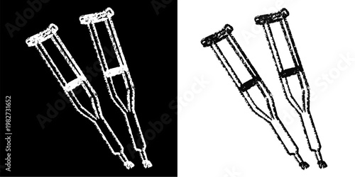 Set editable chalk drawing crutches vector for medical lessons. Ideal for symbolizing chalkboard rehab tools, vintage bone support, and school health.