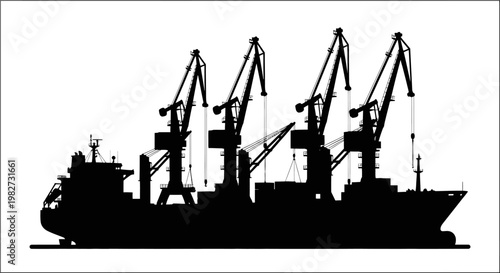 A silhouette of a cargo ship docked alongside industrial cranes