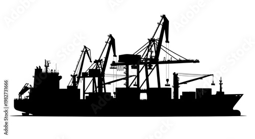 A striking silhouette of a cargo ship and port cranes at dusk