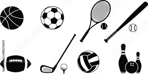 A collection of various sports equipment and balls on a white background