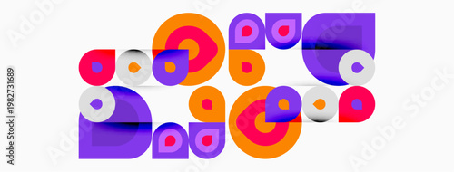 Abstract shapes overlap, creating vibrant composition. Orange, purple hues dominate design. Modern aesthetic, playful geometry present.