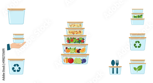 Reusable Food Containers with Fresh Ingredients and Recycling Symbol