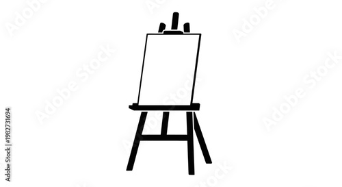 Simple black and white illustration of an artist s easel with a blank canvas