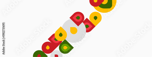 Colorful circles, squares, triangles overlap white background. Simple geometric shapes create playful design. Bright hues dominate composition.