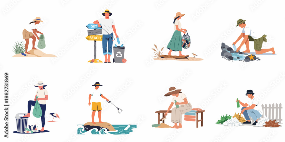Fototapeta premium Set of diverse volunteers cleaning up plastic waste and trash from beaches to protect the environment and marine life.