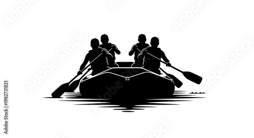 A silhouette of four people rafting on calm water