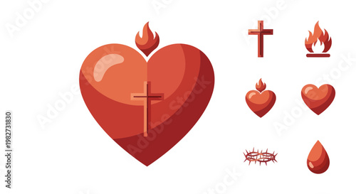 Sacred Heart Symbols: Jesus, Cross, Flame, Blood, Crown of Thorns, Heart Icons