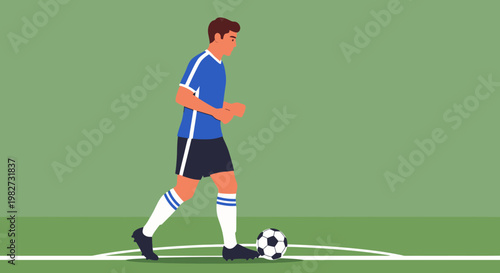 Man Playing Soccer on Green Field.