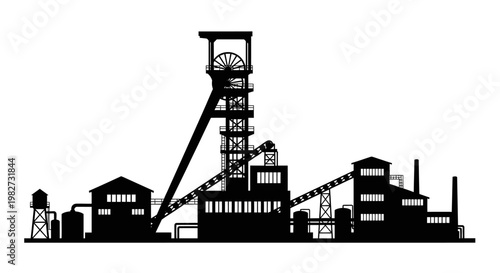 Silhouette of an industrial mining complex against a white background
