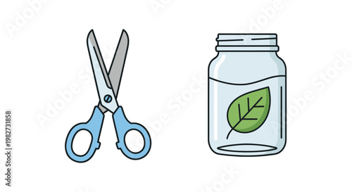 Scissors cutting a leaf from a jar of water, representing nature conservation and sustainability