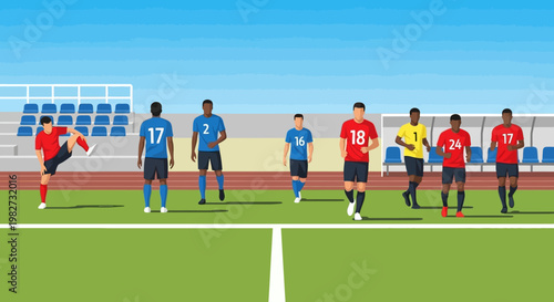 Soccer players standing on green field.