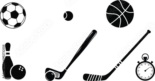 A collection of black and white sports equipment icons on a clean background