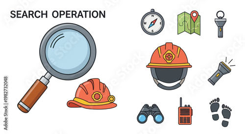 Search Operation Magnifying Glass, Helmet, Map, Compass, Flashlight, Binoculars, Walkie-Talkie