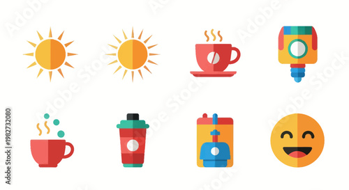 Bright Sunny Day and Coffee Break Icons: Sun, Coffee Cups, Machine, and Smiley Face
