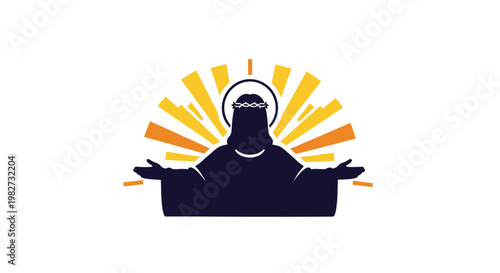 Jesus Christ silhouette with radiant halo, open arms, crown of thorns, divine light rays