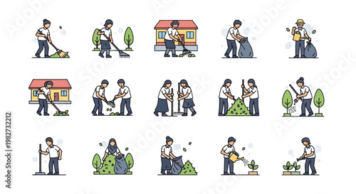 Gardening and Yard Work Icons: Cleaning, Planting, Watering, Lawn Care, House Maintenance