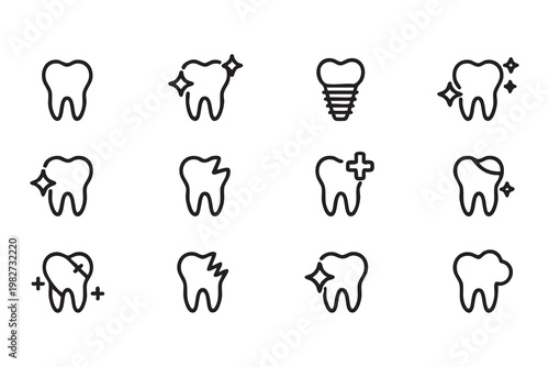 Dental clinic icons with tooth symbols for oral hygiene treatment and healthcare design