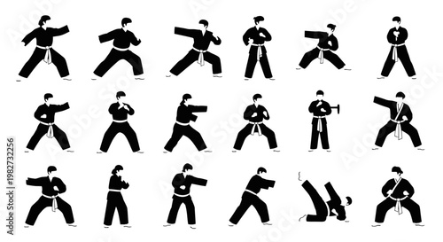 Martial Arts Silhouette Collection: Karate, Kung Fu, Taekwondo Poses, Combat Sports Action