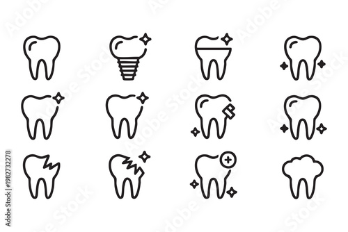 Tooth treatment icons with dental care symbols for clinic and healthcare branding