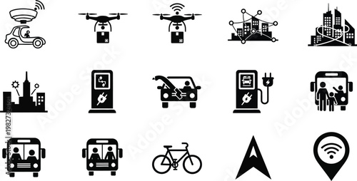 A collection of black and white icons depicting various modes of transportation and technology