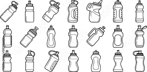 Black and White Line Art Collection of Various Sports Water Bottles, Health and Fitness Vector Graphics