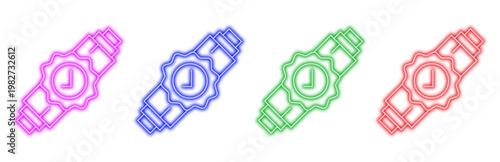 A colorful set of modern digital wrist watch icons with glowing neon outlines representing time measurement and fashion accessories, vector graphics.