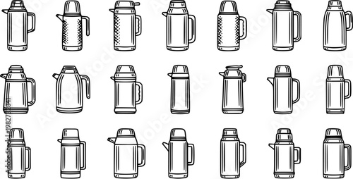 Thermos and Vacuum Flasks Line Art Illustration Set. Hand-drawn Outline Collection of Insulated Bottles, Coffee Pots, and Tea Pitchers for Hot Drinks, Travel  Outdoors.